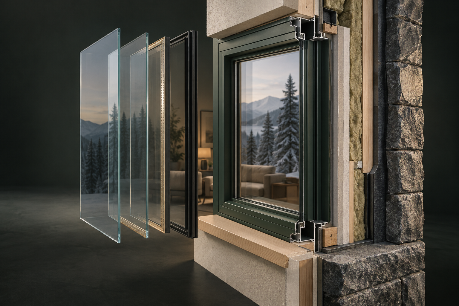 Illustrated architectural cutaway of a replacement window: separated glass panes, frame, timber opening, wall insulation and stone cladding