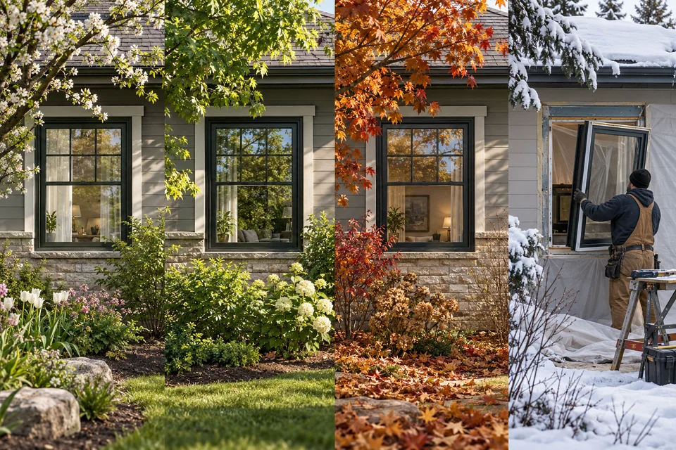 Conceptual architectural illustration: plan the install season. Season, lead time, weather, preparation
