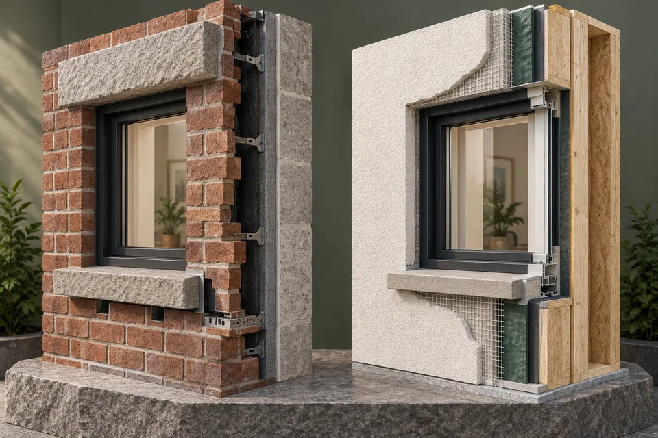 Conceptual architectural illustration: two walls, different details. Masonry, lintel, weeps, stucco repair