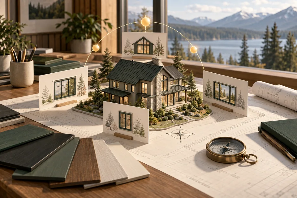 Conceptual architectural illustration: specify for your house. Orientation, opening, comfort, finish