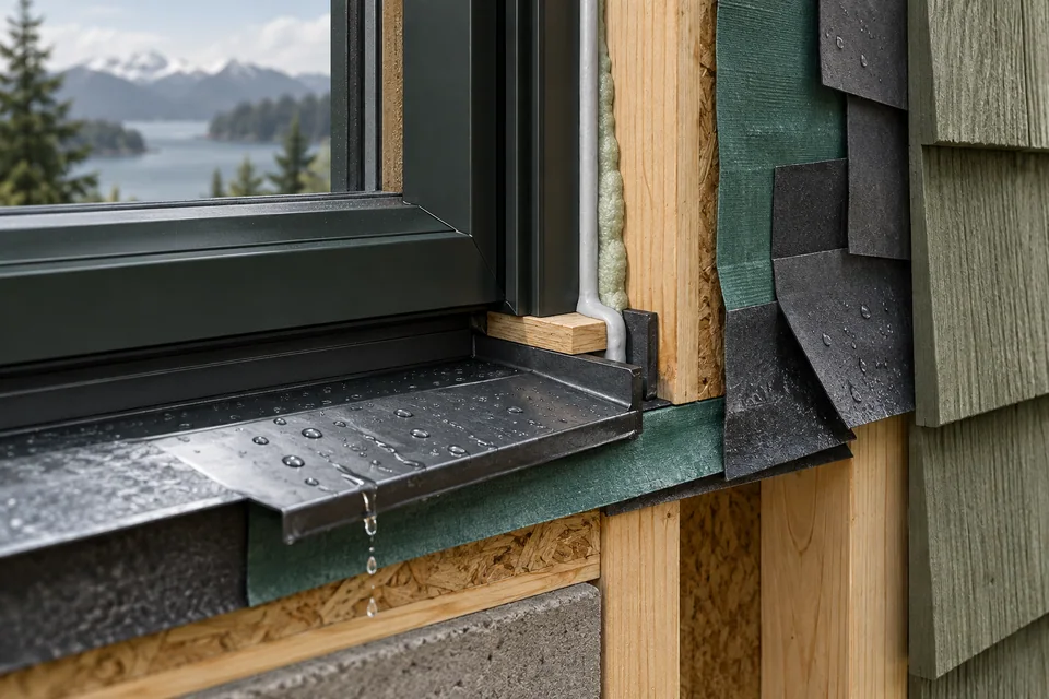 Conceptual architectural illustration: control water and air at the opening. Sill pan, flashing, air seal, shims