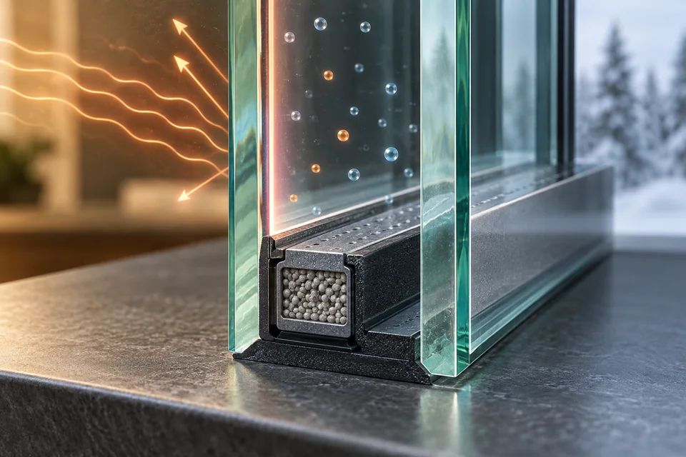 Conceptual architectural illustration: inside the glass package. Coating, gas space, edge seal, spacer