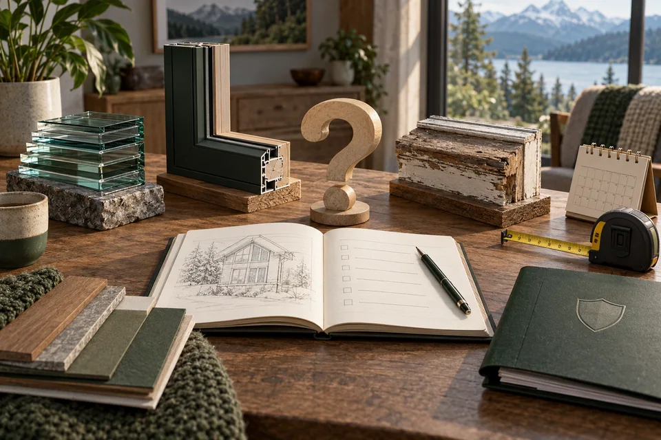 Conceptual architectural illustration: get a clear window answer. Products, installation, costs, timing