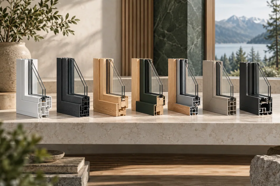 Conceptual architectural illustration: compare the frame materials. Vinyl, fibreglass, wood, composites, metal