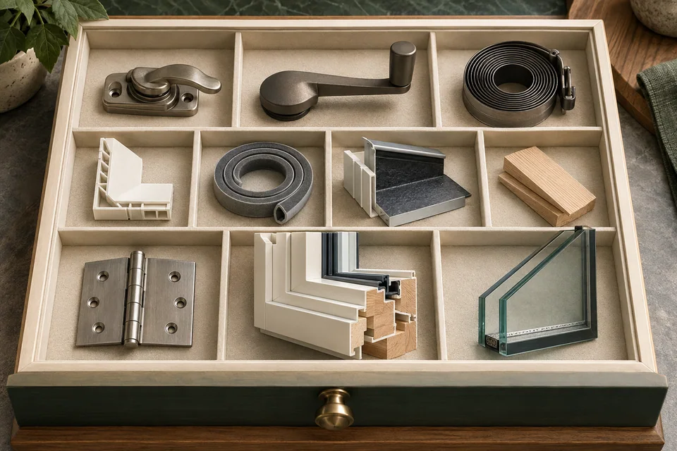 Conceptual architectural illustration: know the parts of the opening. Sash, jamb, sill, spacer, flashing