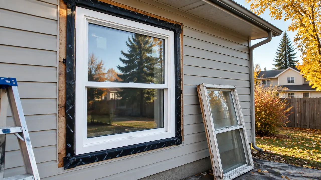 A new vinyl replacement window being installed with flashing tape