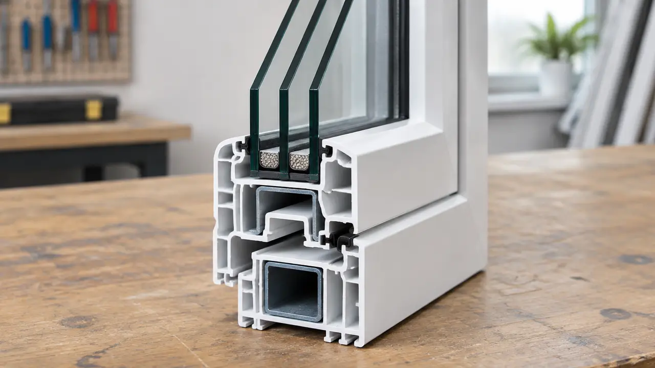 A cutaway sample of a triple-pane vinyl window frame